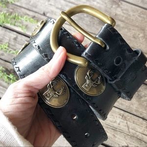 Black Leather Western Belt with Brass Stag conchos